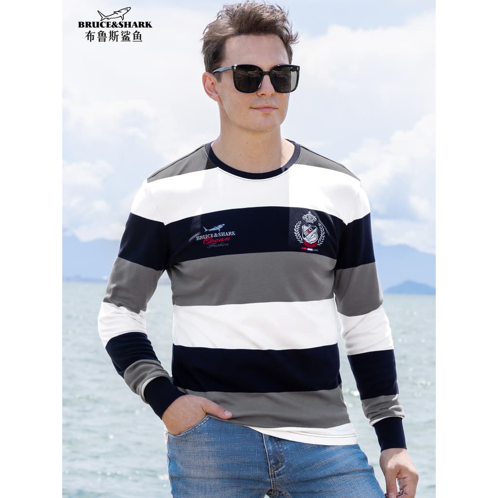 2025 outono novo estilo masculino listrado camiseta masculina solta de manga comprida Bruce Shark Street Wear tamanho gr