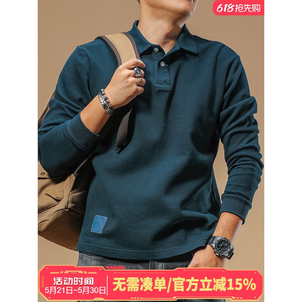 Jiyan camisa polo americana de manga comprida lapela masculina cor sólida Casual dupla face frisado piso algodão pesado