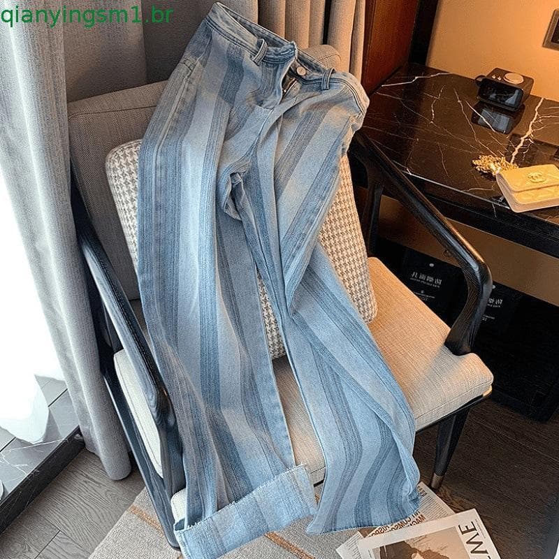 Design nicho listrado design de perna larga Jeans feminino 2023 outono cintura alta Drape solto All-Match calças de pern
