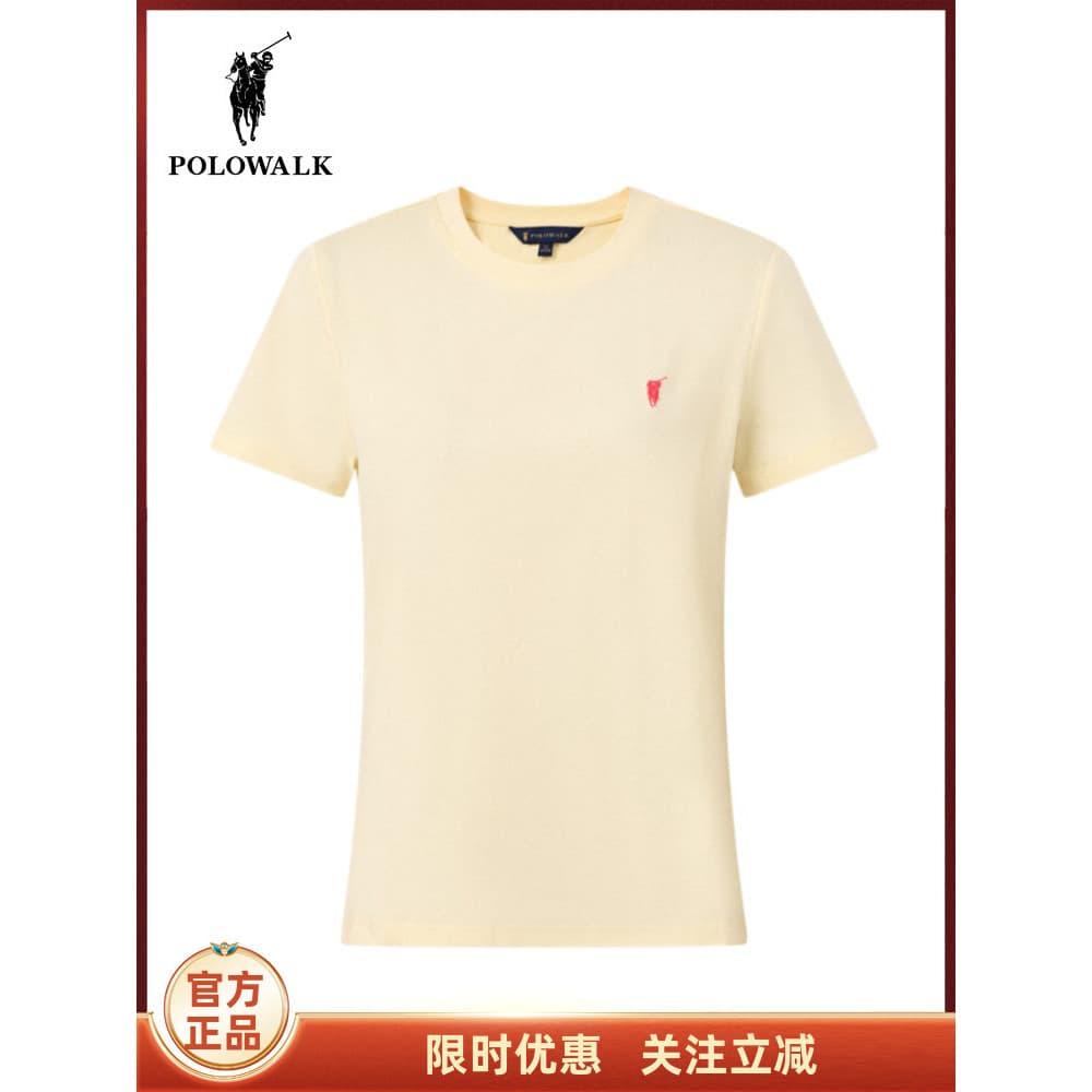 POLOWALK Camiseta feminina de manga curta com gola redonda 2026 verão clássico simples All-Match gola redonda camiseta C