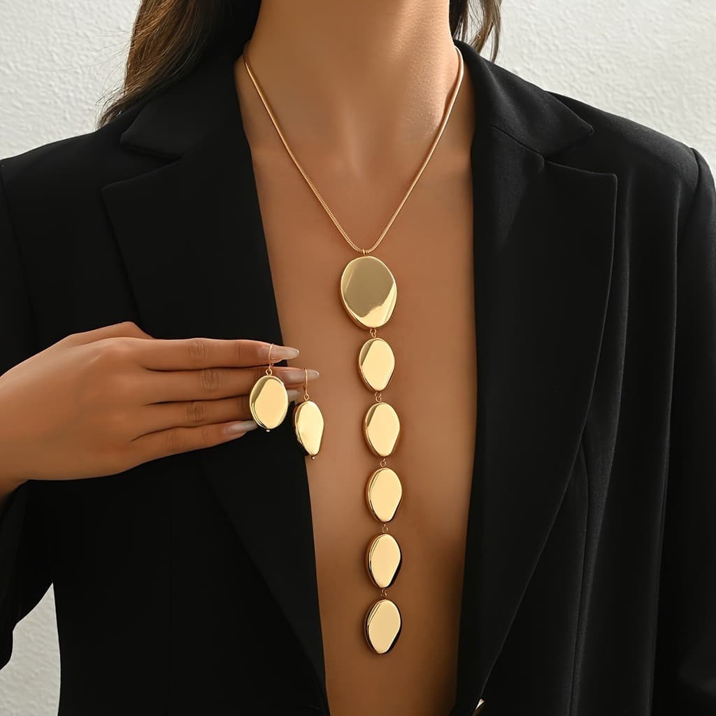 Conjunto Elegante e Minimalista de Brincos e Colar de 2 Peças com Pingente Geométrico Irregular em Forma de Y Longo