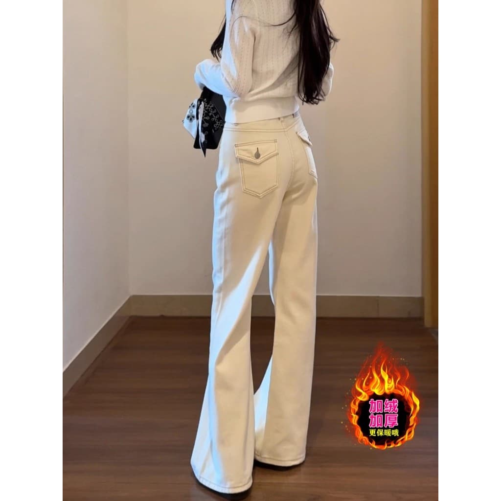 Off-White não-Leggings ligeiramente velo Jeans feminino forro de lã outono inverno novo estilo tamanho grande gordura mm