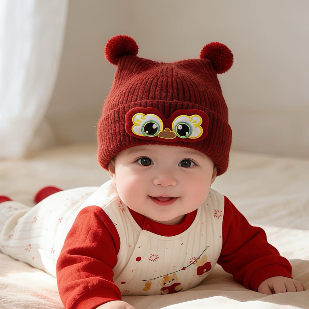 Bebê bebê vermelho festivo chapéu inverno quente grosso malha pulôver proteção de orelha chapéu masculino feminino bebê