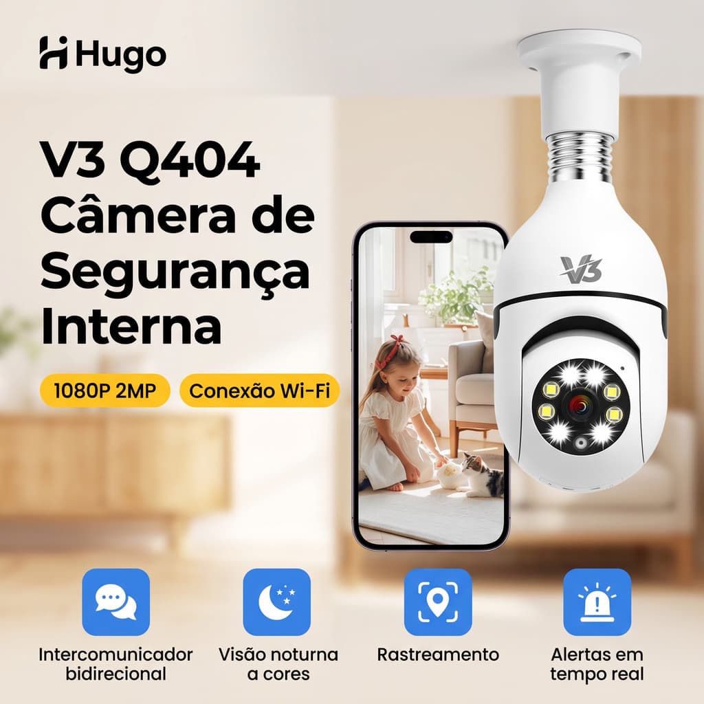 Câmera de Segurança Interna 1080P 2MP com Microfone Visão Noturna Bivolt + V3 Q404
