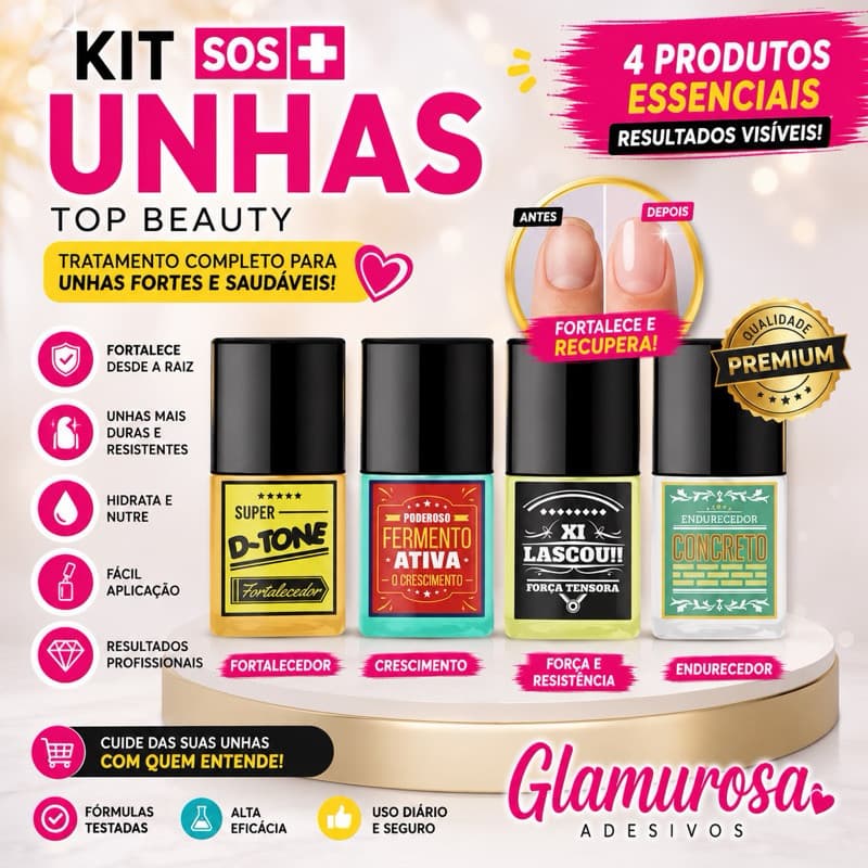 Kit unhas top beuty com  01 base Concreto, 01 base Fermento,  01 D-tone e 01 xi lascou