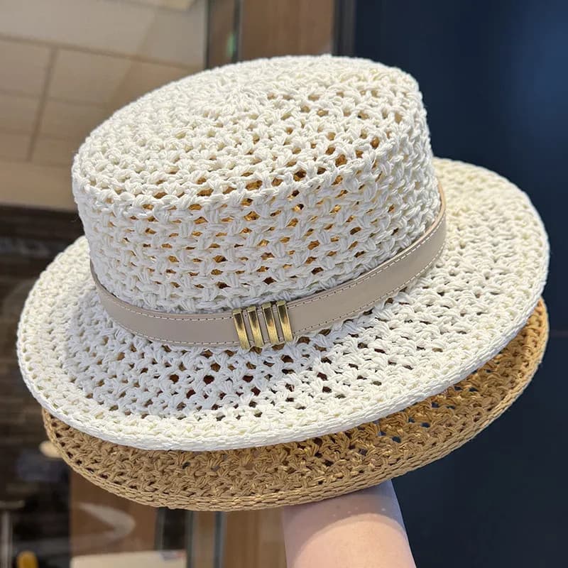 Estilo antigo oco tecido chapéu plano feminino verão francês Retro beira-mar praia chapéu de sol chapéu de sol