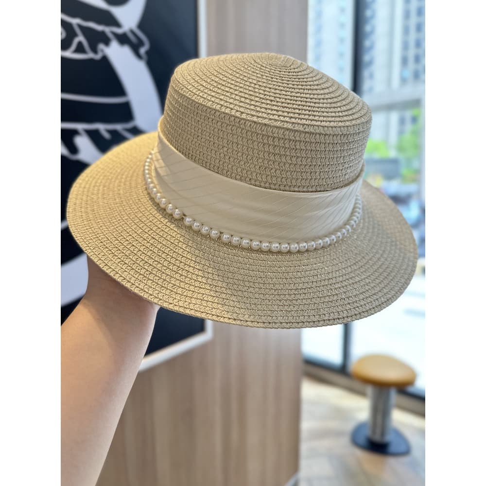 2025 novo estilo francês celebridade estilo plana chapéu feminino verão elegante pérola palha beira-mar protetor solar c