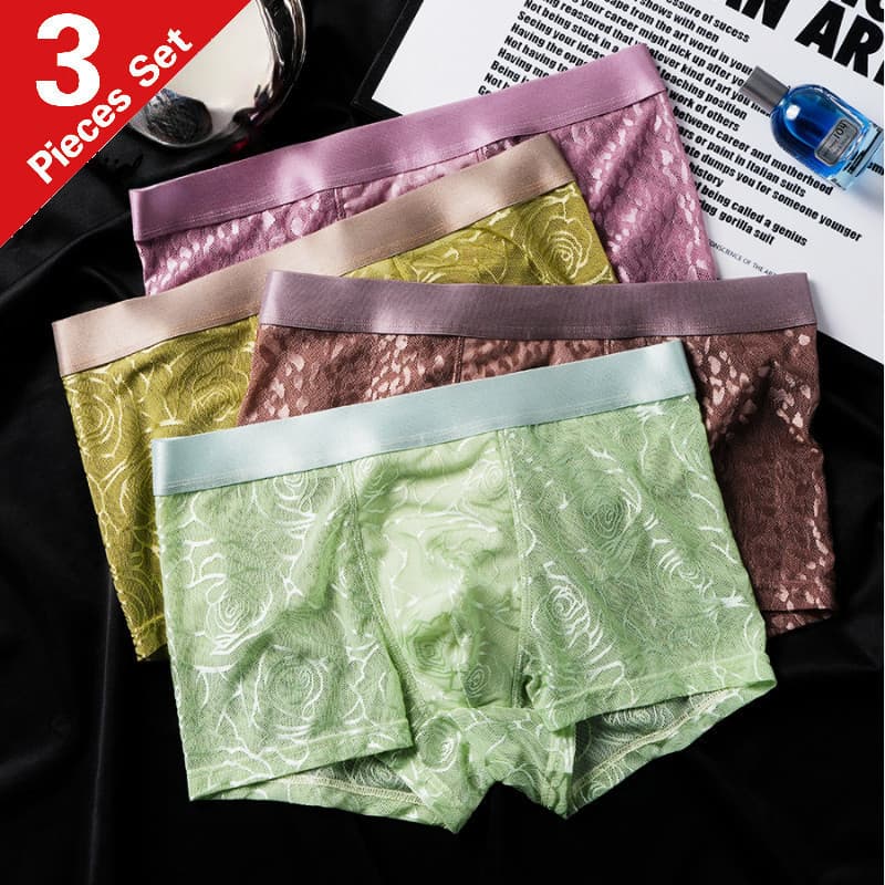 Pacote com 3 peças - Nova e elegante roupa íntima masculina de seda gelada, cor sólida, em malha, cintura média, tamanho