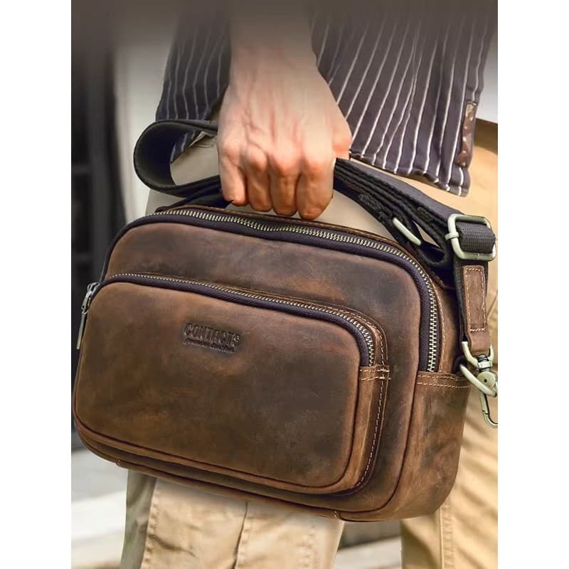 Retro Crazy Horse couro pode conter 26cm IP bolsa mensageiro de ombro masculina Casual passeio portátil couro genuíno po