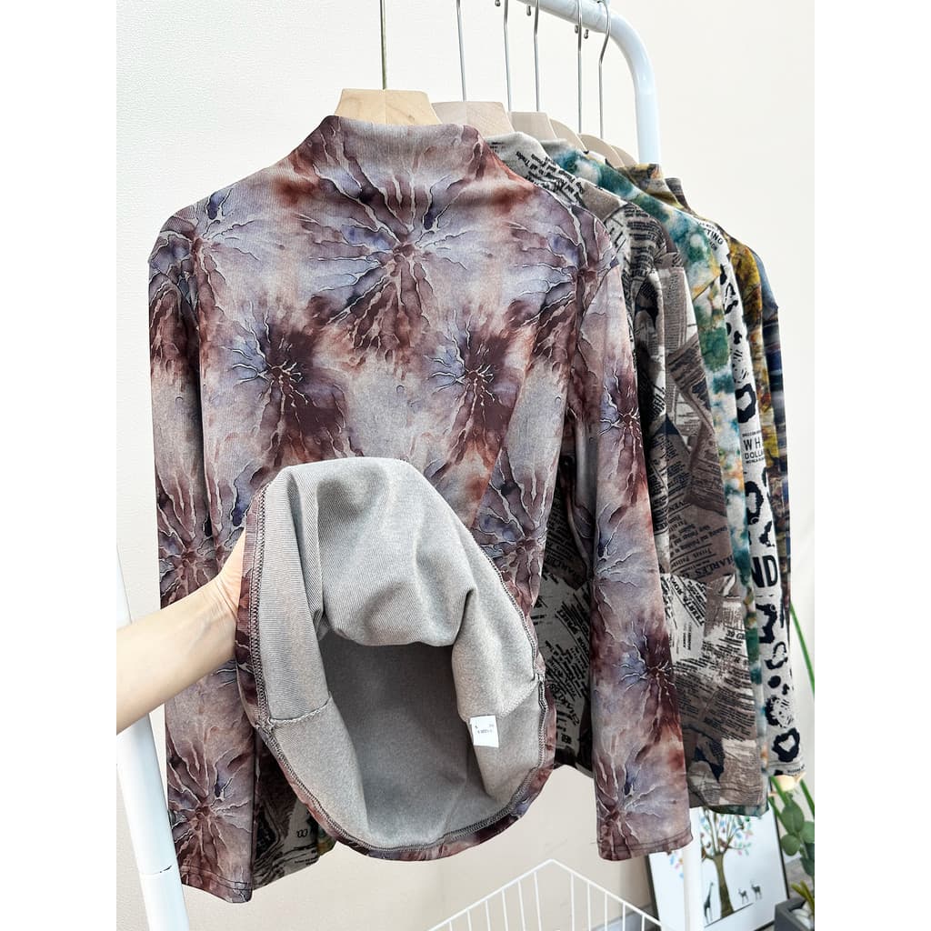 Retro Tie-Dye impresso meia gola alta escovado engrossado manga comprida camiseta feminina outono inverno All-