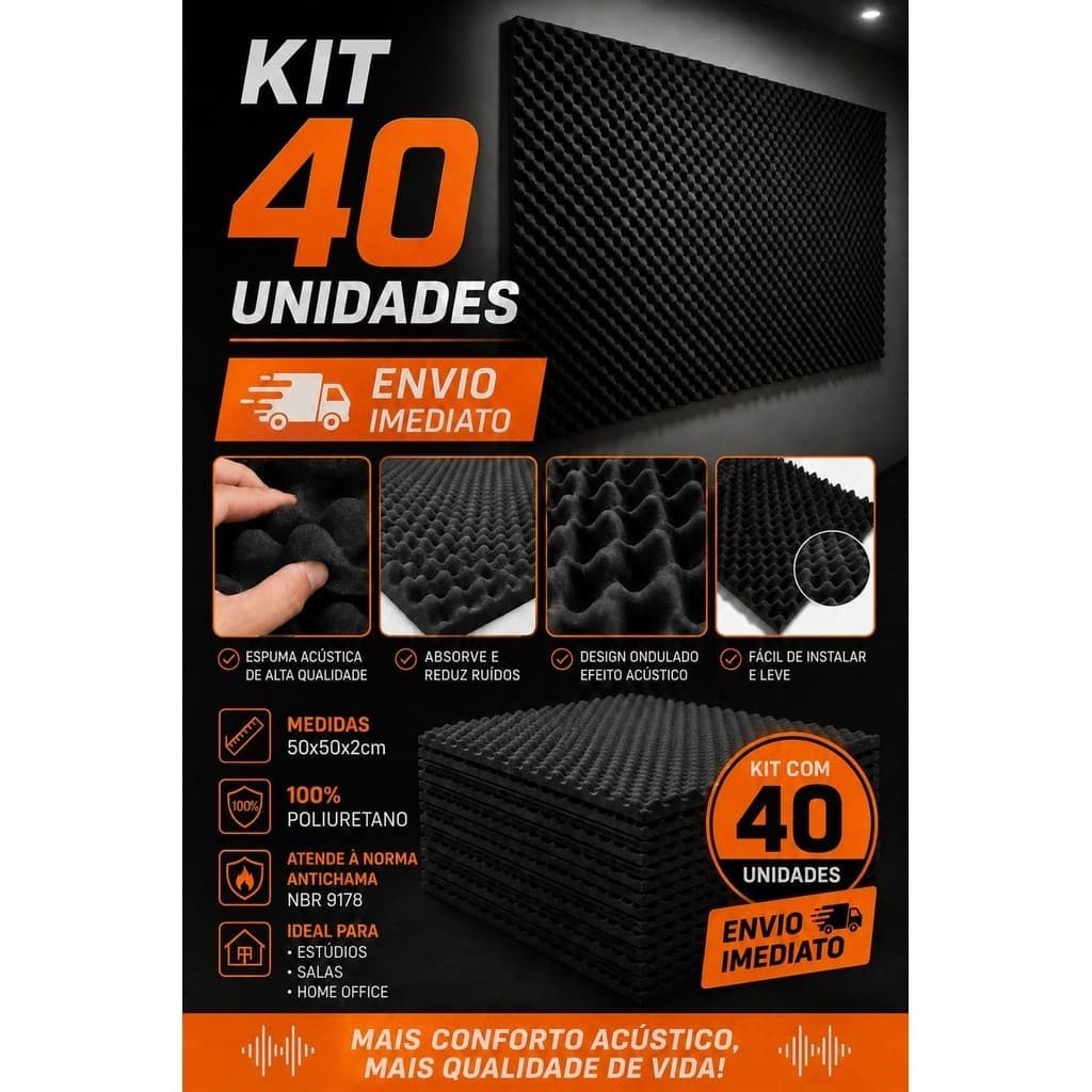 Kit 40 Placas Acústicas Espuma 50x50x2cm Antirruído Isolamento Parede Estúdio Antichama