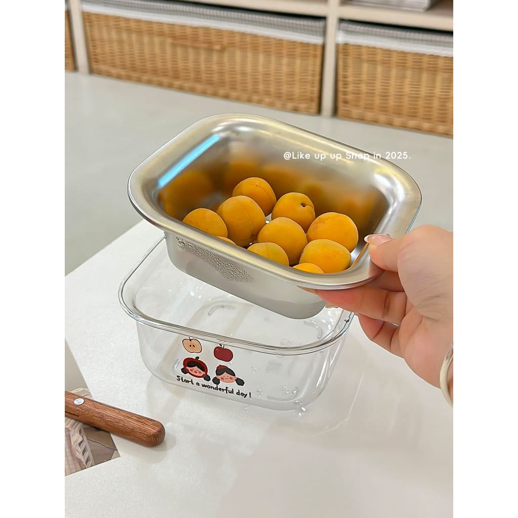 Mini cesta de drenagem de aço inoxidável, camada dupla, lavagem de frutas, vegetais, ferramenta útil, sala de estar, esc