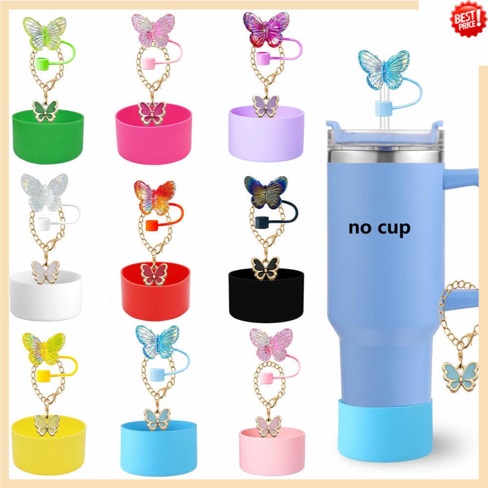 3 Peças de Capa de Palha para Copo de 7,5 cm e Pingente de Borboleta Compatível com 30 & Base de Silicone Reutilizável J