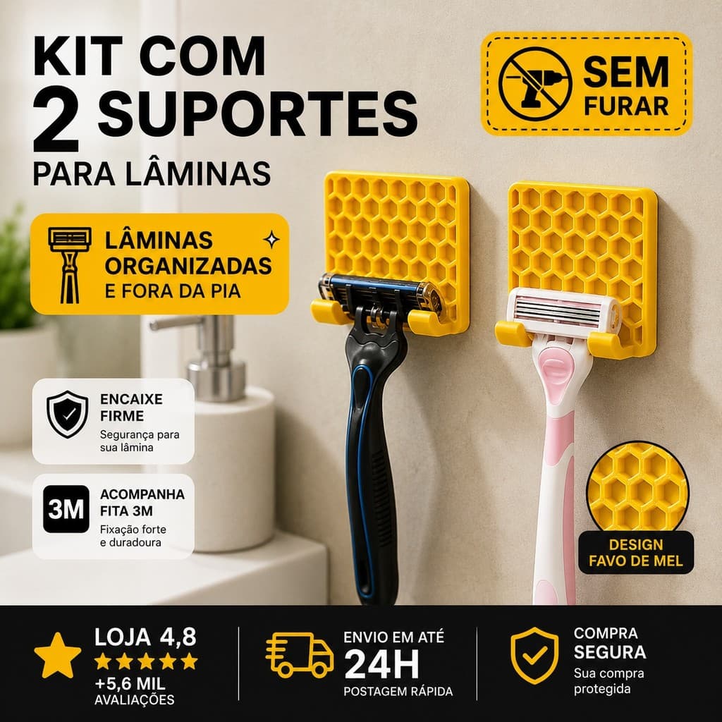 Suporte Lâmina de Barbear Design Favo Banheiro Fita 3M sem Furar Gilette