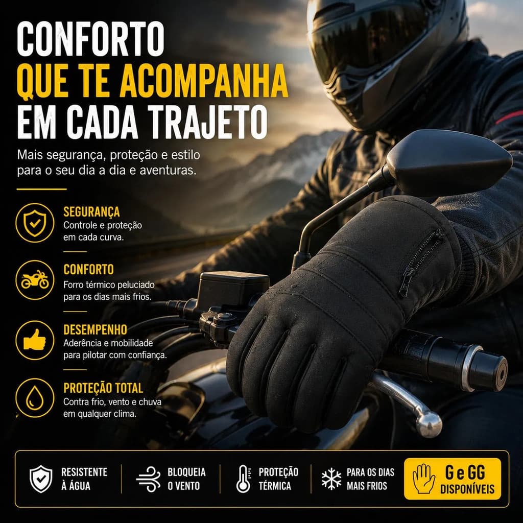 2 Pares Luvas Moto Impermeável Forrada Térmica Inverno Zíp Preto M