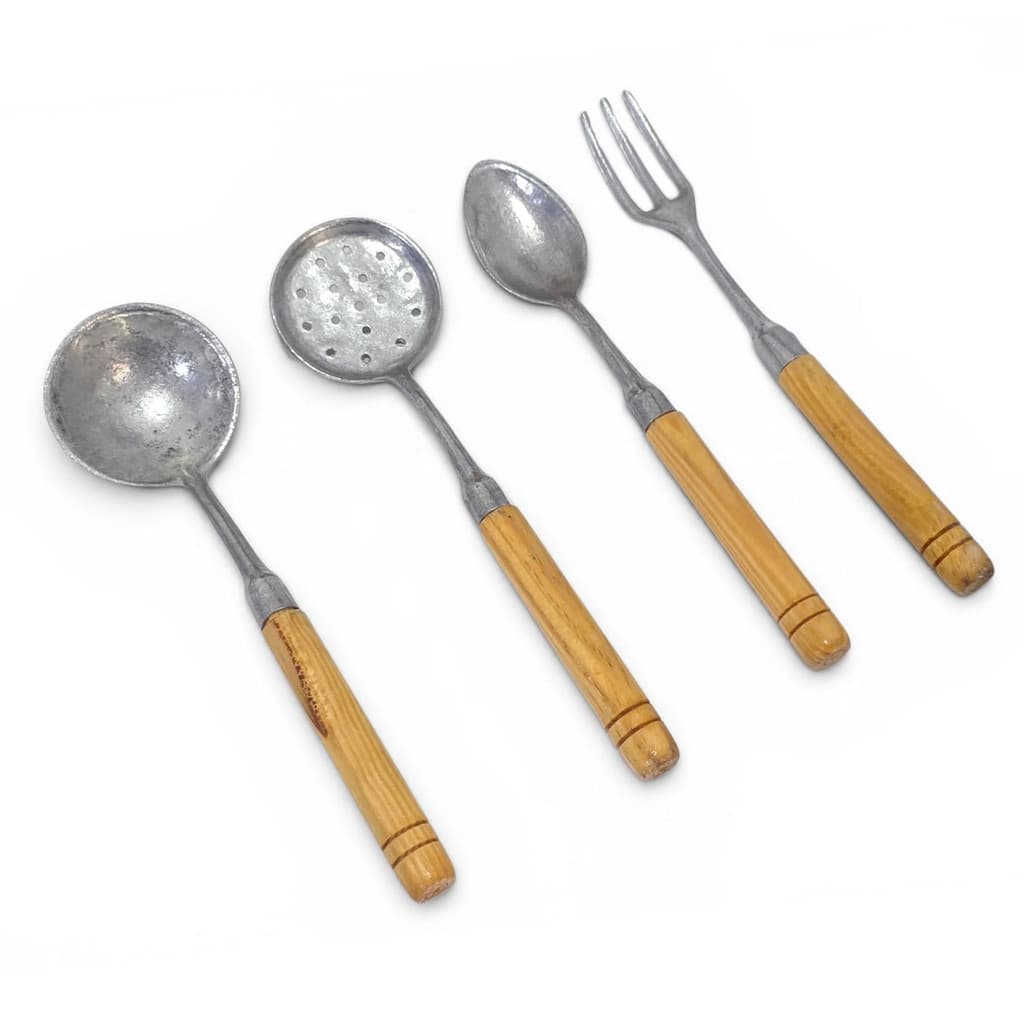 Kit 4 Talheres Grandes Alumínio Churrasco Cabo Madeira