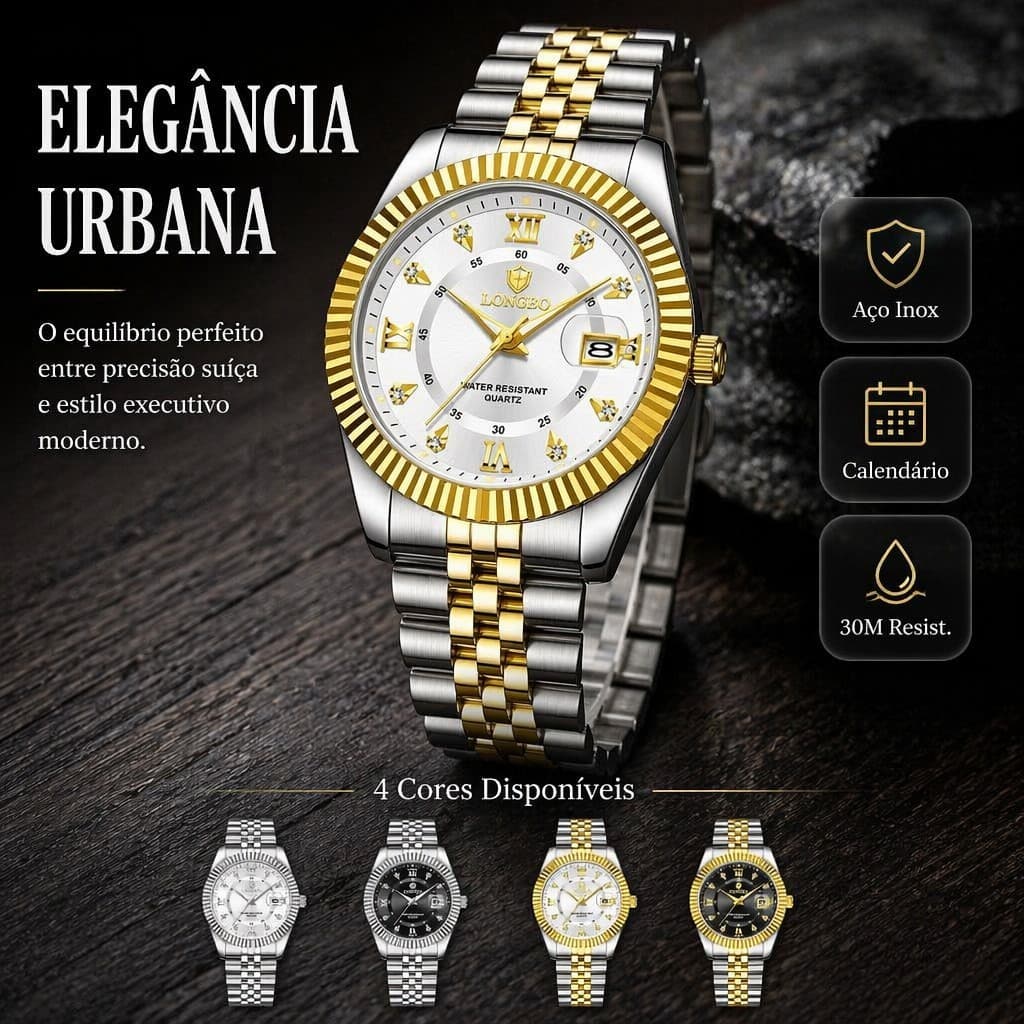 Relógio Masculino Quartzo Aço Inoxidável Preto Dourado Pulseira 5 Elos Resistente à Água 30M Mostrador com Data