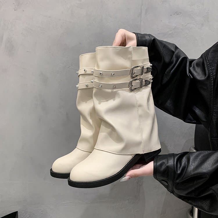 Botas Femininas de Bico Redondo, Botas Curtas Soltas, Salto Grosso, Botas Elegantes e Modernas, Tamanhos 35-42