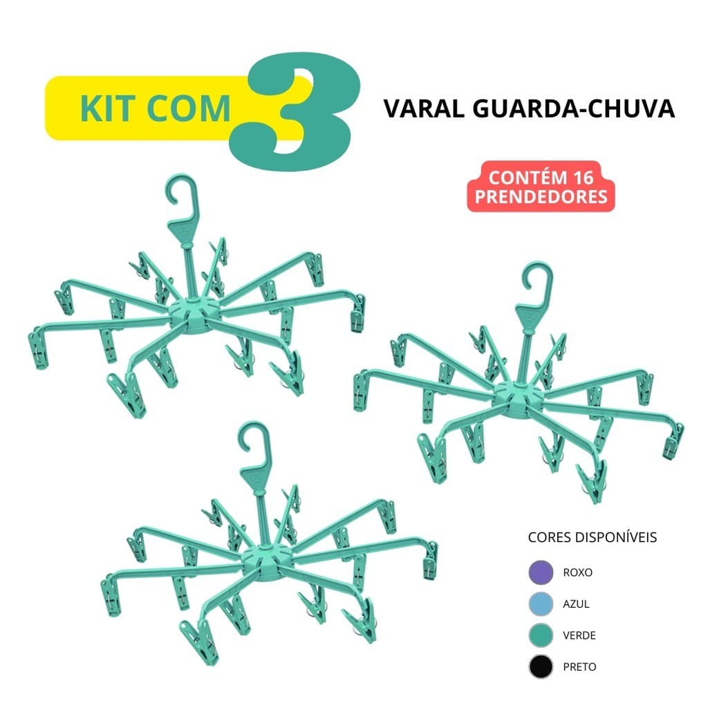 kit com 3 Varal Dobrável Guarda Chuva com 16 prendedores Roupas Íntimas Reforçado Compacto Multiuso