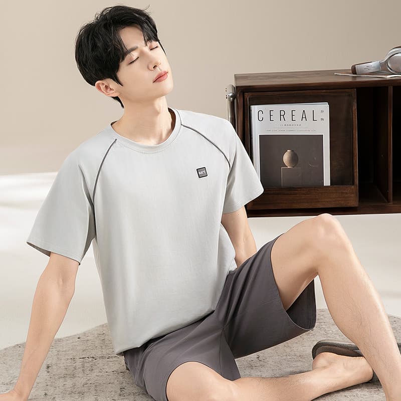 Pijamas masculinos verão de manga curta Modal estilo fino juventude em torno do pescoço pulôver pode usar fora de casa d