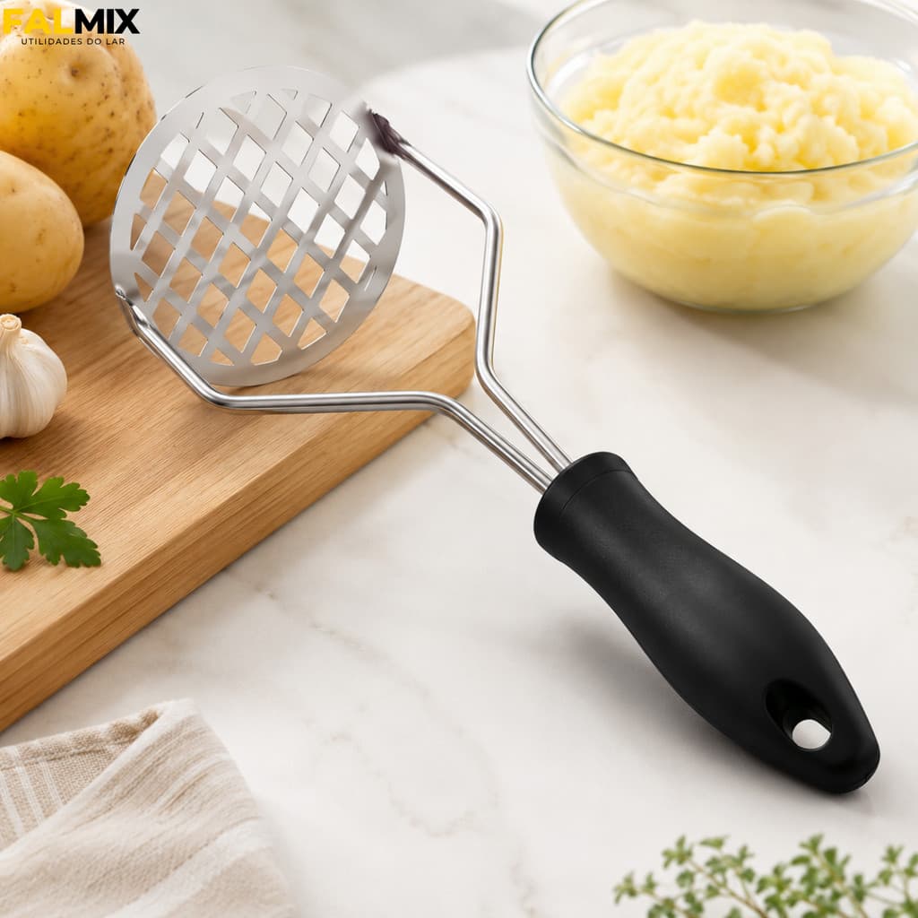 Amassador de Batata Aço Inox Espremedor Purê Legumes Feijão Cabo Reforçado Kit 1 2 3 4