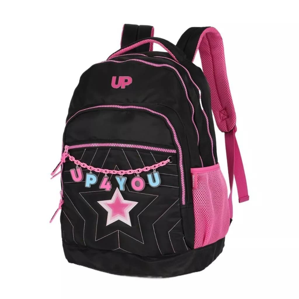 Mochila Escolar UP Preta e Rosa Feminina Costas com Estrela