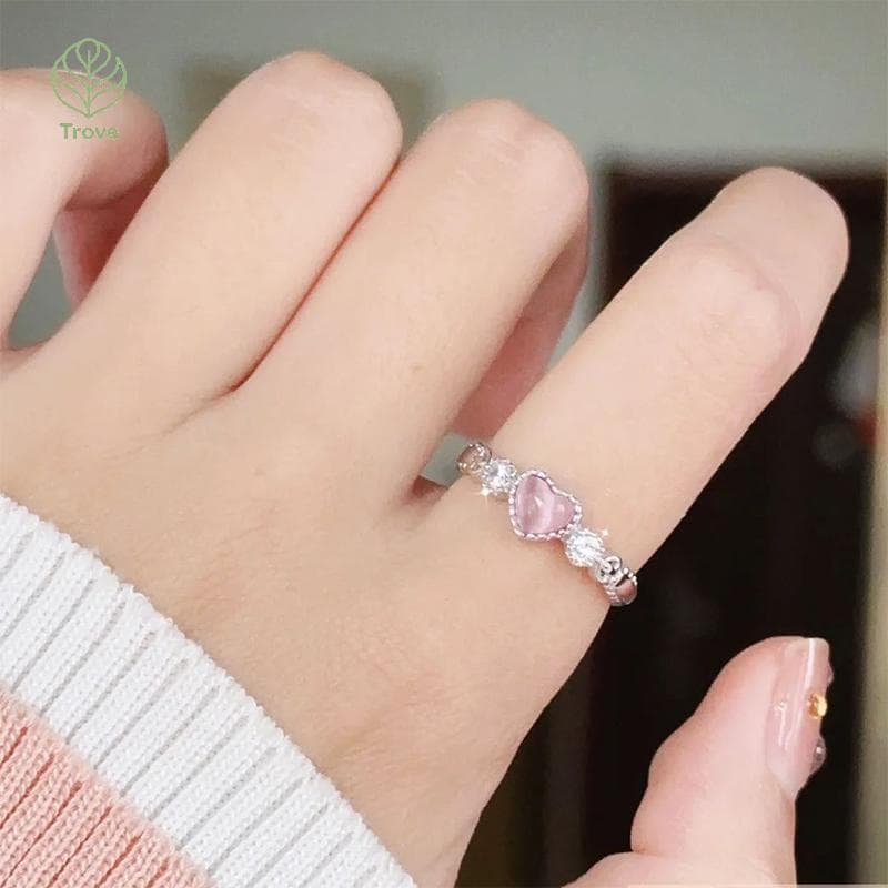 Trove Prata Cor Anel Rosa Coração Opala Criativo De Dedo Vintage Estético Bonito Punk Anéis Para Mulheres Charme Jóias A