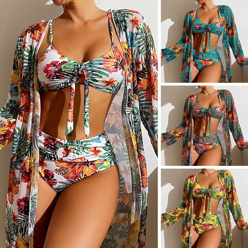 Conjunto de biquíni de três peças com saída de praia de manga comprida, estampa europeia e americana, roupa de férias se