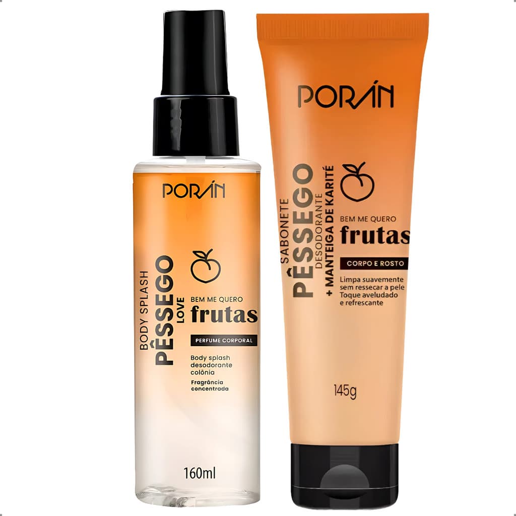 KIT Porán Bem Me Quero Frutas Pêssego Body Splash 160mL + Sabonete Líquido Corpo e Rosto 145g