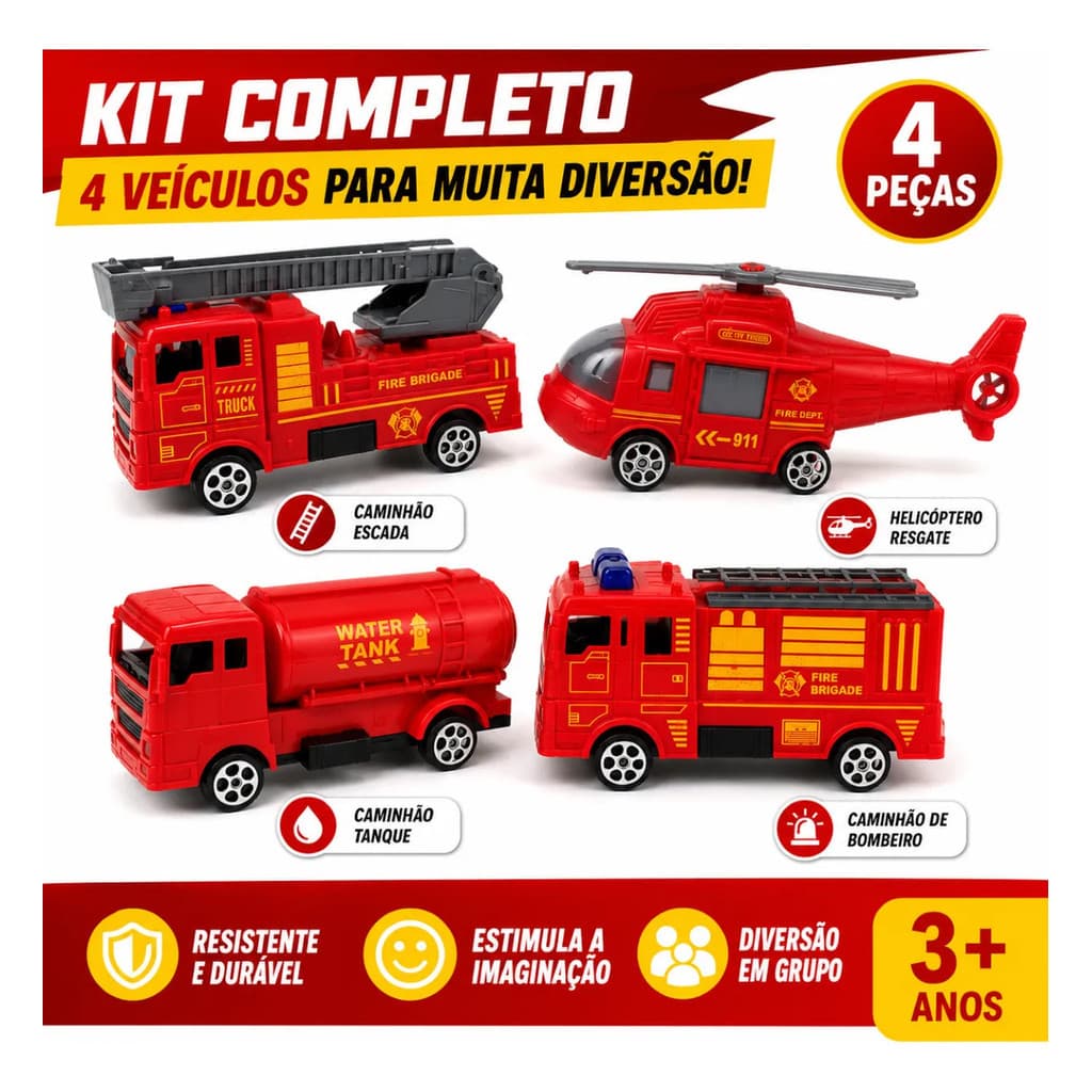 Kit Bombeiro 4 Peças Caminhões Helicóptero Infantil