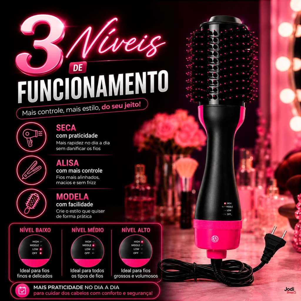Escova 3 em 1 Secador Seca Alisa Modela Modelador Cabelo Elétrica