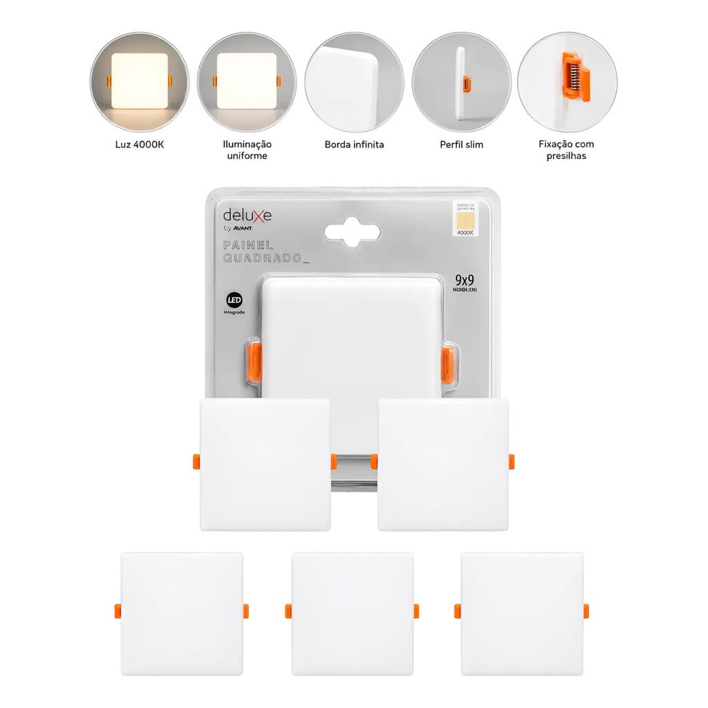 5 Painel Led Flat Quadrado Embutir Neutro 4000k 9w Bivolt