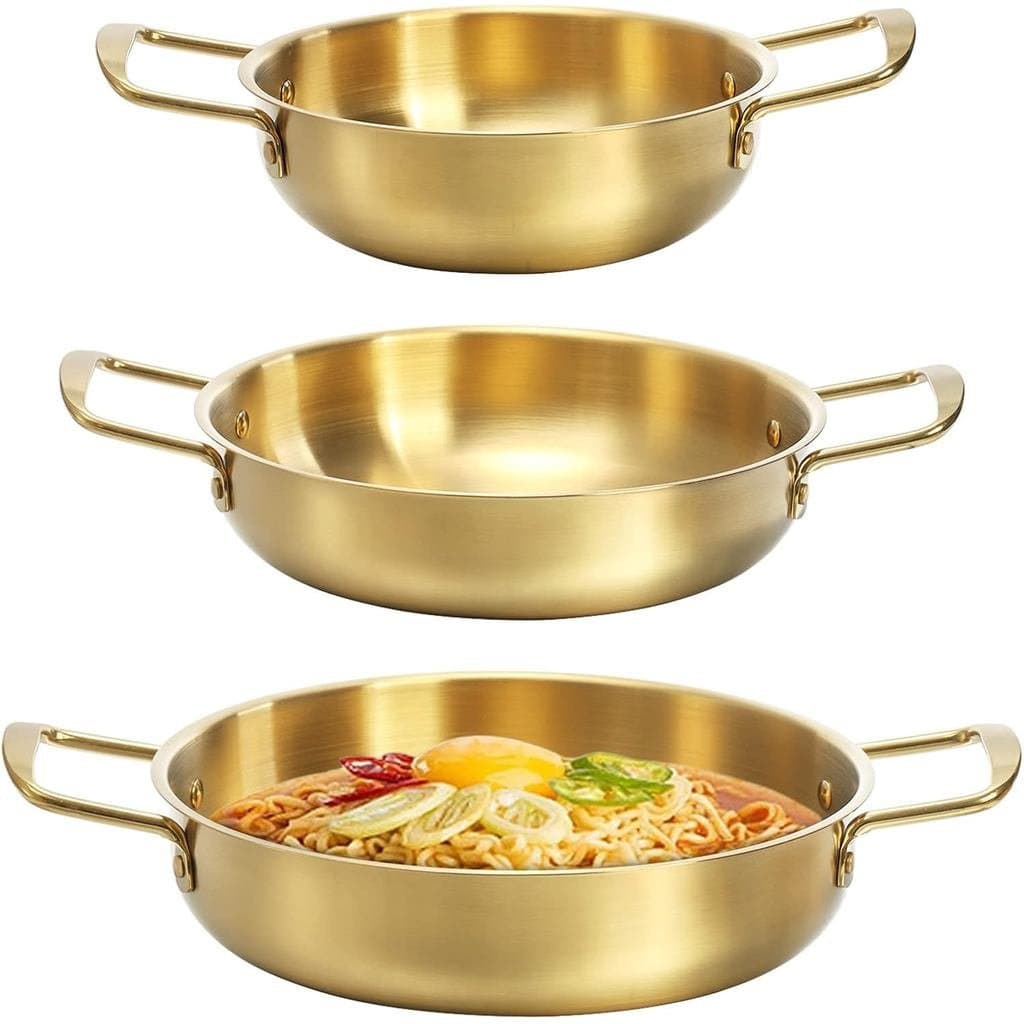 Okllen Conjunto de 3 Panelas Coreanas para Ramen com Alças, Panela de Aço Inoxidável para Uso Diário, Panela Coreana Dou