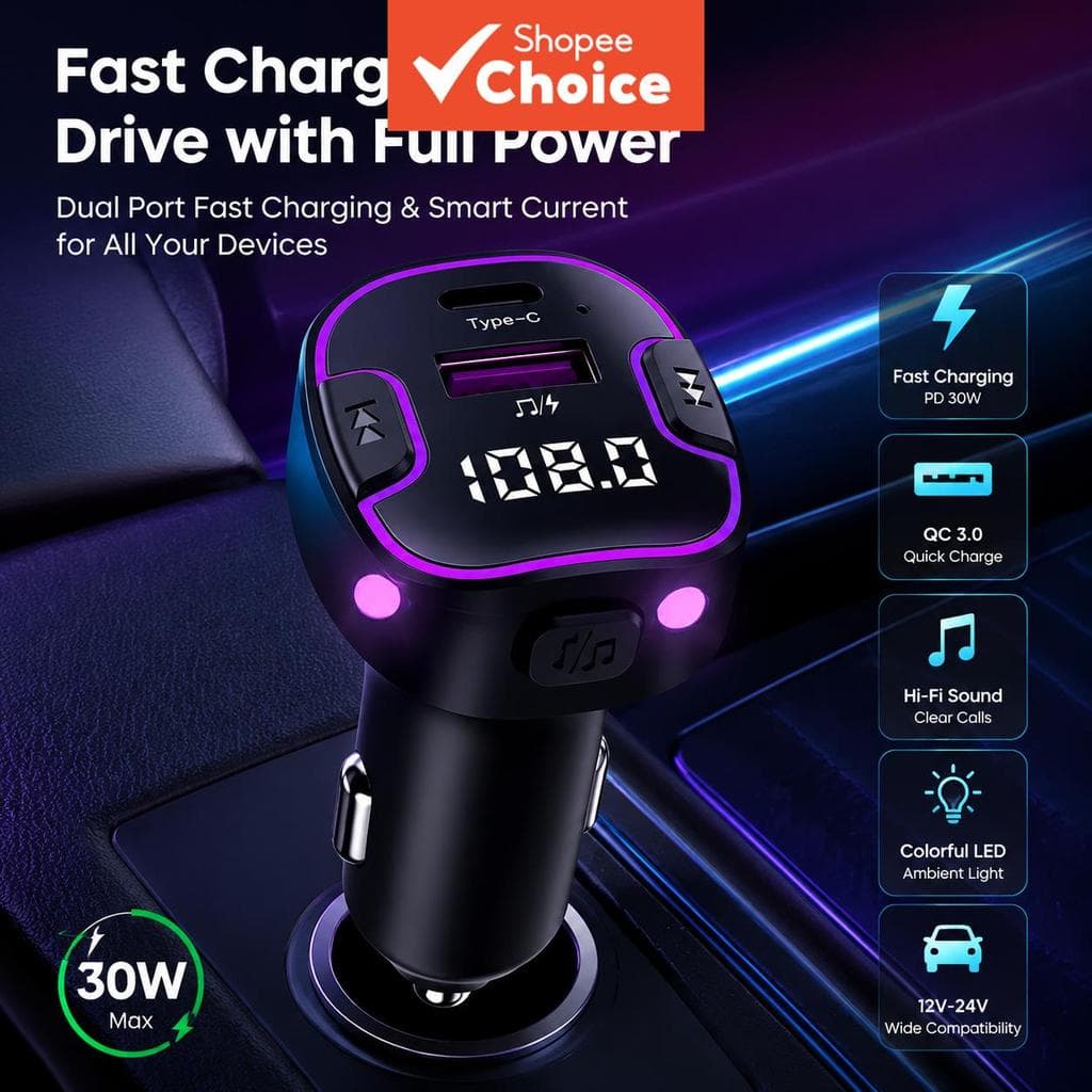 Transmissor Fm BLUETOOTH 30w USB C Adaptador De Áudio Sem Fio De Carregamento Rápido Para Carro