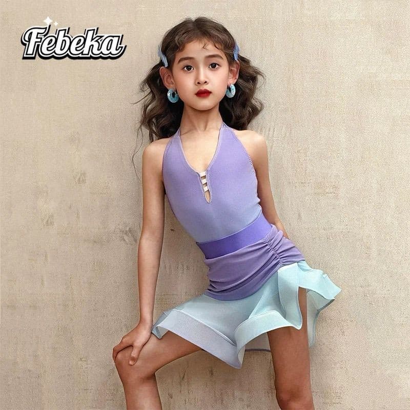 [WDF] Novo estilo de fantasia de dança sem mangas de verão para meninas, fantasia de dança latina, terno de saia grande