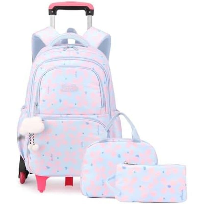 Bansusu 3 Peças Mochila Infantil Rolante Para Meninas Com Lancheira , Bolsa Escolar De Folha Da Sorte De Rolo 6 Rodas ,
