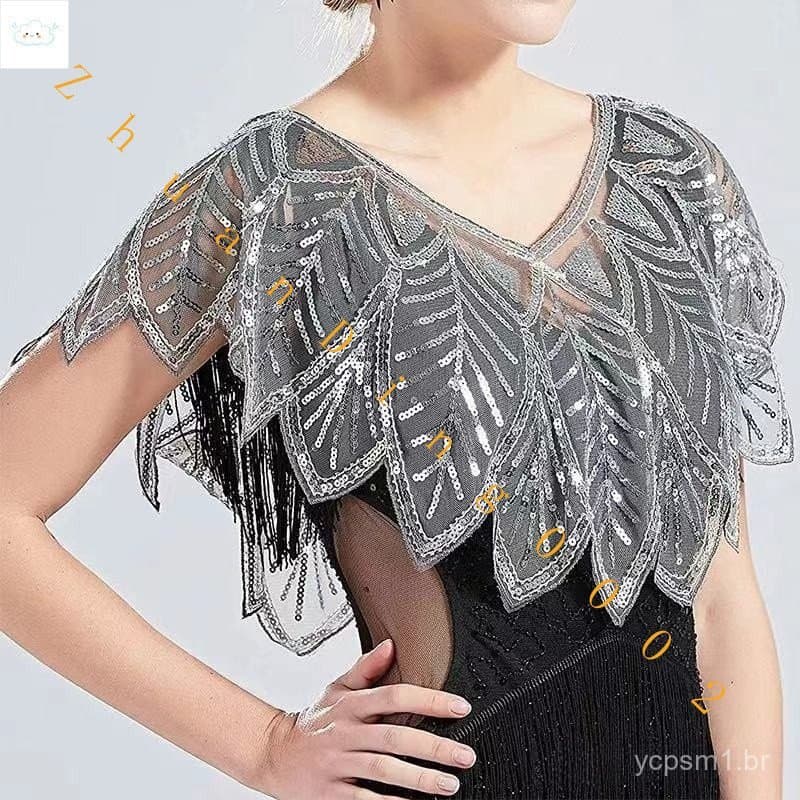 Xale Elegante de Verão com Contas em 6 Cores, Bolero de Renda Preta, Capa Curta Feminina com Lantejoulas Brilhantes