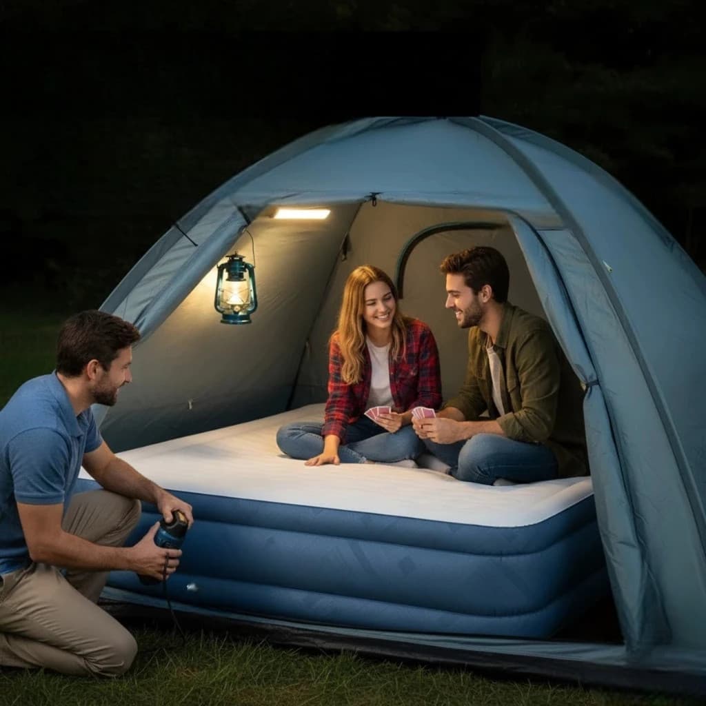 Colchão Inflável Casal Azul Camping Praia Viagem Dormir Descanso Leva Cama Colchonete Oferta