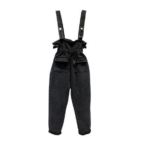 Novo macacão moderno de cintura alta com faixa vermelha, macacão feminino coreano de jeans solto para primavera/outono c