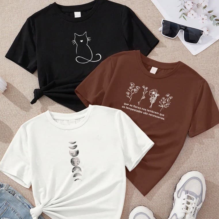 kit3 Camisetas feminina de algodão Gatinho flores e fases da lua off white  T-Shirts Alta Qualidade