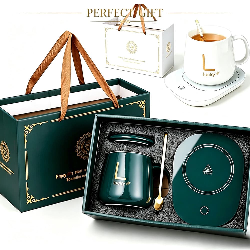 Kit Presente Luxo Caneca Térmica 55°C Aquecedor Elétrico Cerâmica Com Colher E Tampa Para Escritório Casa