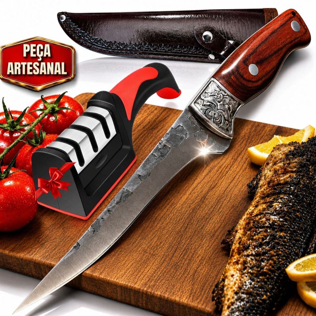 Kit Faca Artesanal 26 cm Aço 440C com Bainha e Afiador 3 Estágios para Churrasco Camping Cozinha
