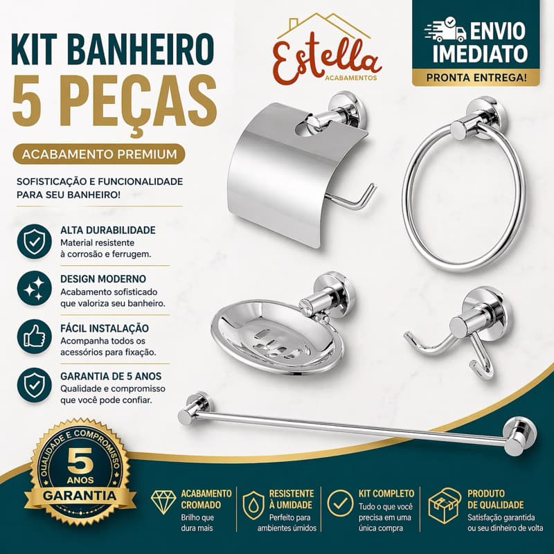 Kit Stander 5 Peças Cromado - Acessórios para Banheiro
