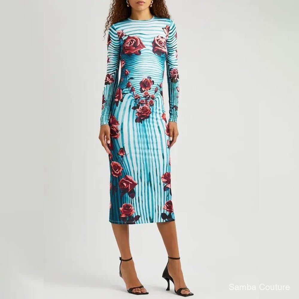 Vestido longo listrado com estampa de rosas, novo estilo de verão, elegante e ajustado ao corpo para mulheres.