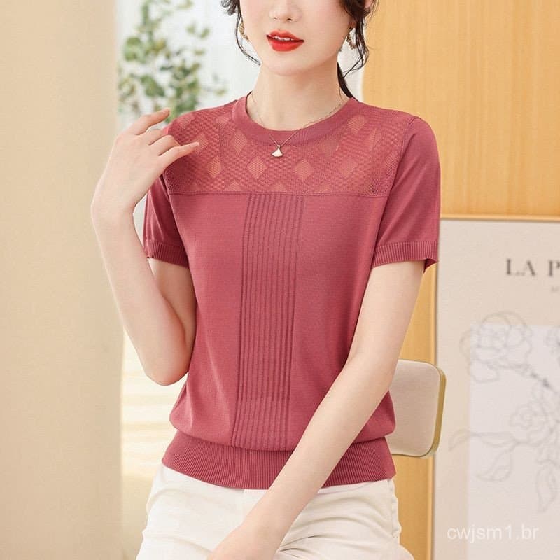 Blusa Feminina Plus Size de Malha de Seda Gelada, Estilo Coreano, Solta, com Mangas Curtas e Detalhes Vazados para o Ver