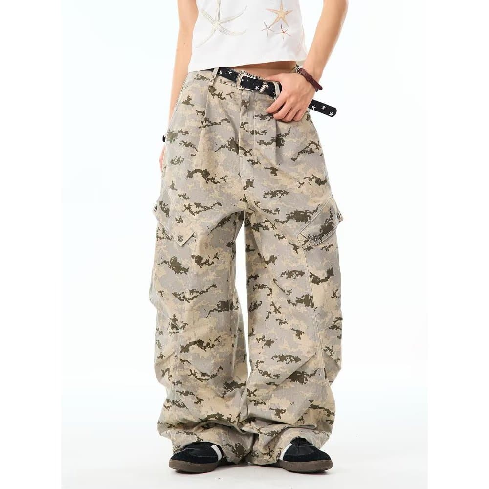 [Ilha frágil] American Retro Camouflage Paraquedista Plissado Reto Calças de Perna Larga Homens Mulheres Calças Casuais