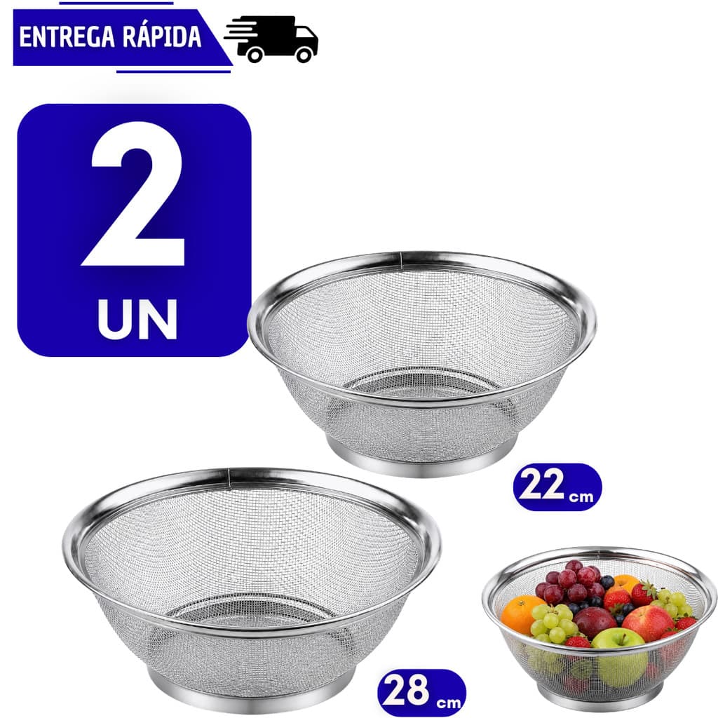 2 Cesta Escorredor Em Aço Inox Utensílios Cozinha Peneira Fritura Legumes Frutas Fruteira Macarrão Arroz Resistente