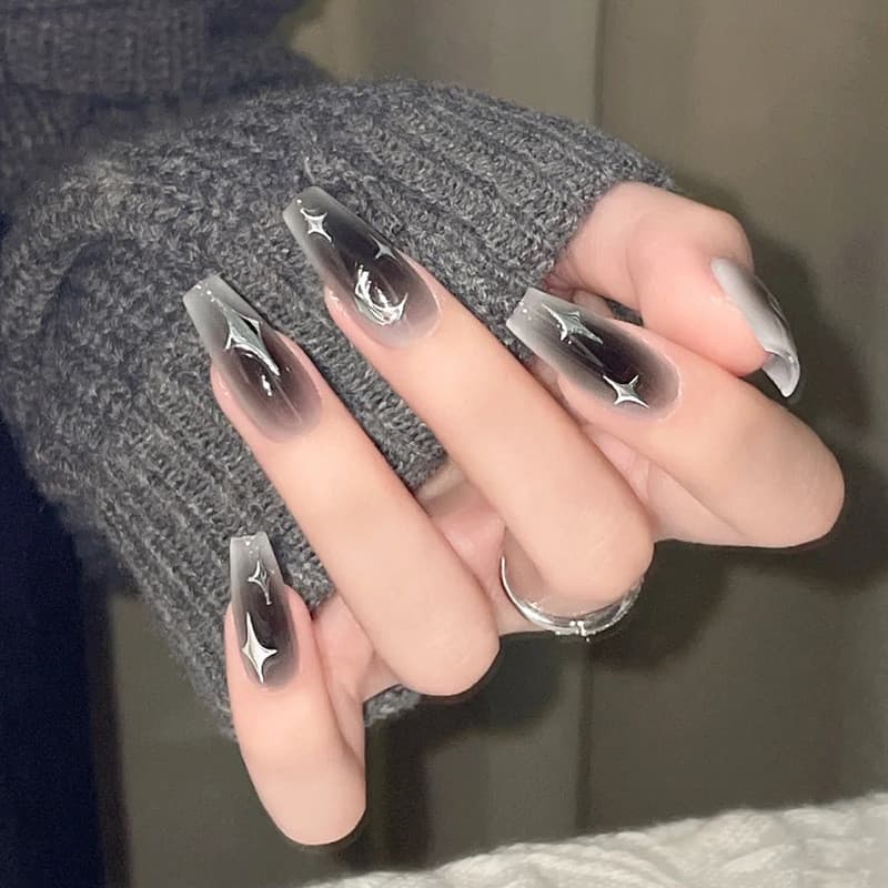 Unhas vestíveis francesas escuras, estilo ins, prata, lua, estrela, Manicure, unhas falsas, médio longo, balé