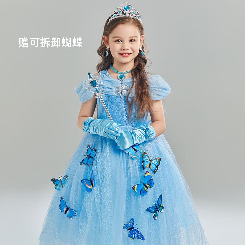 Meninas Cinderela Princesa Vestido de Manga Curta Frozen Elsa Vestido de Desempenho Vestido de Gaze Estilo Borboleta