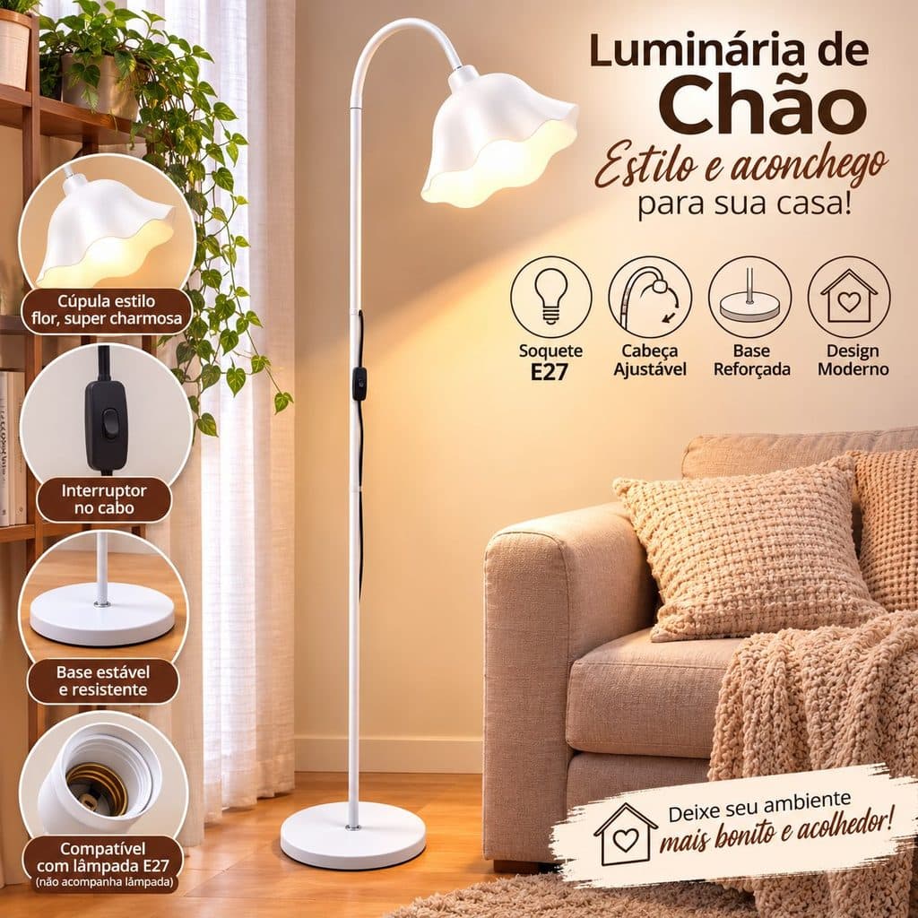 Luminária de Chão Branca Estilo Moderno com Cúpula Ondulada Base Reforçada Soquete E27 para Sala Quarto